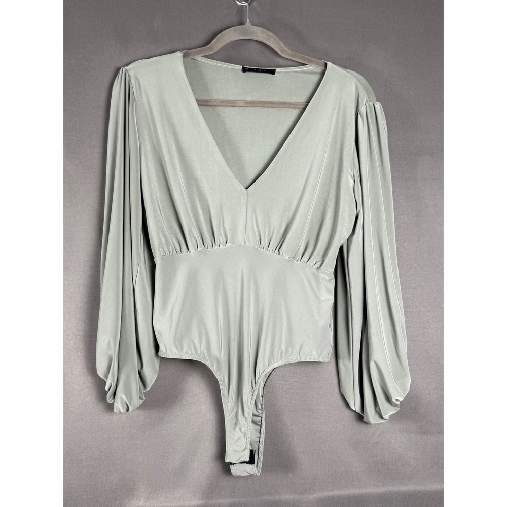 21 Saints Bodysuit Women Medium Sage Green Lantern Sleeve V-Neck T969